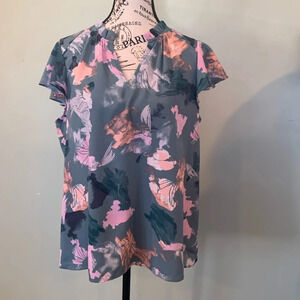 Nine West Short Flutter Sleeve Blouse Top Women’s Large Sage Green Pink Flowers